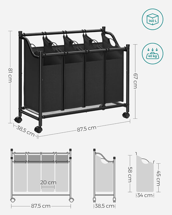 Rolling Laundry Sorter - 4 Removable Bags (4×35L) - Karrari