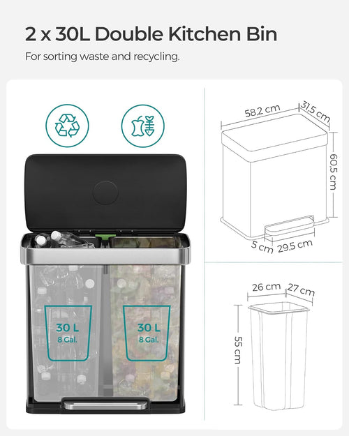 Stainless Steel Pedal Bin (2×30L) - Soft-Close Lid - Karrari
