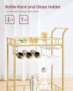 Gold Bar Cart with 2 Mirrored Shelves & Wine Holders - Karrari