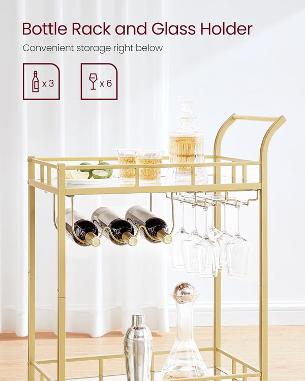 Gold Bar Cart with 2 Mirrored Shelves & Wine Holders - Karrari