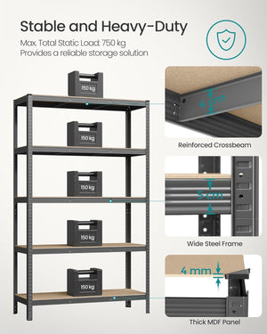 5-Tier Steel Storage Shelving Unit - Boltless Garage Rack (60x120x200cm) - Karrari