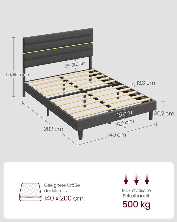 Metal Double Bed with Solid Wood Modern Slate (140 x 200cm) - Karrari