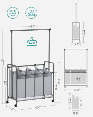 4-Section Laundry Sorter Trolley - Wheels & Brake, 200L - Karrari