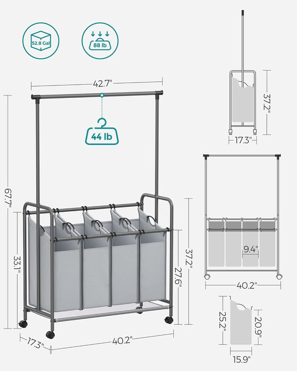 4-Section Laundry Sorter Trolley - Wheels & Brake, 200L - Karrari