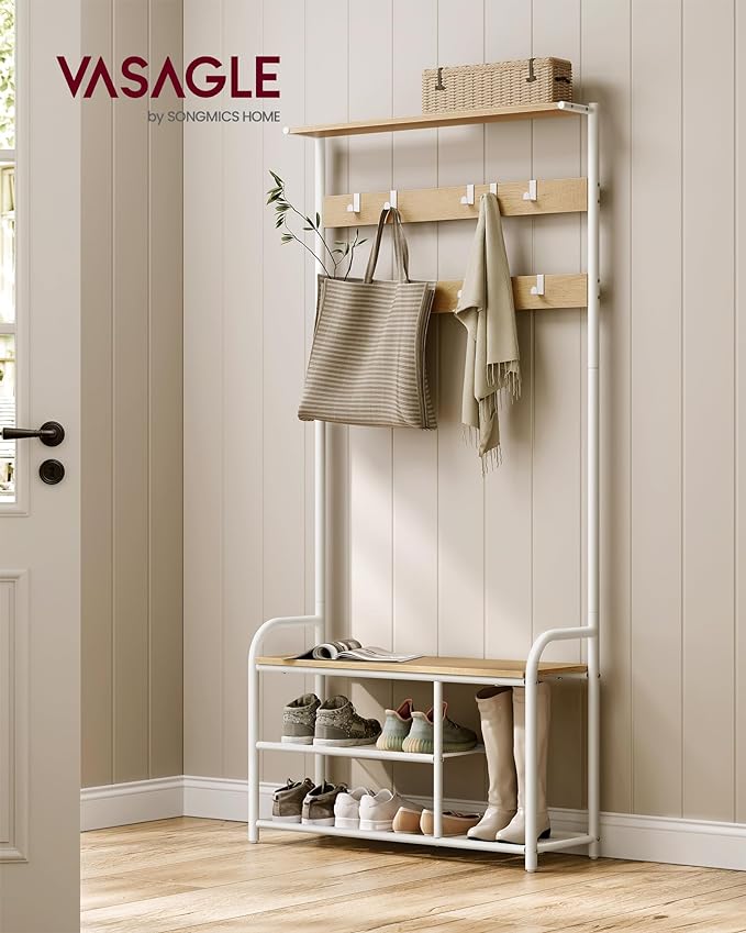 Coat Rack Stand, Hall Tree with Bench and Shoe Storage, 9 Removable Hooks, Shoe Rack