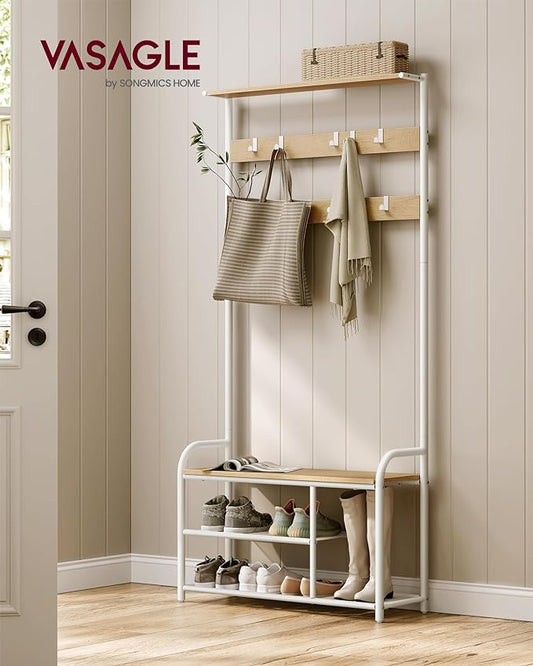 Coat Rack Stand, Hall Tree with Bench and Shoe Storage, 9 Removable Hooks, Shoe Rack