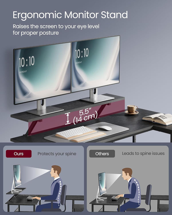 L-Shaped Desk with 2 Drawers & Monitor Stand