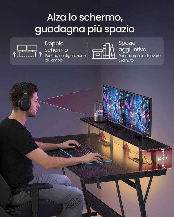 Gaming Desk with Power Strip & Dual Monitor Stand