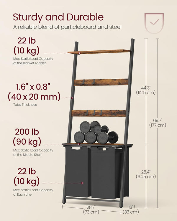 2-Section Laundry Hamper - Ladder, Shelves & Hooks - Karrari