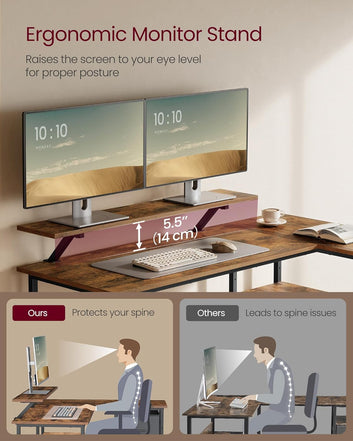 L-Shaped Desk with 2 Spacious Drawers, Gaming Desk with Monitor Stand, Corner Desk