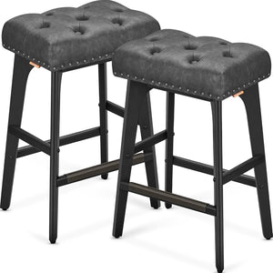 Set of 2 Faux Leather Bar Stools with Buttons & Rivets - Karrari