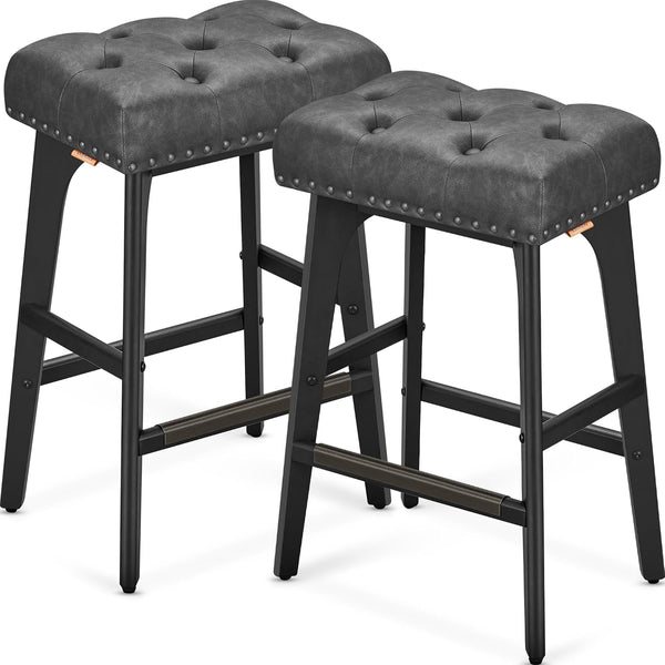 Set of 2 Faux Leather Bar Stools with Buttons & Rivets - Karrari