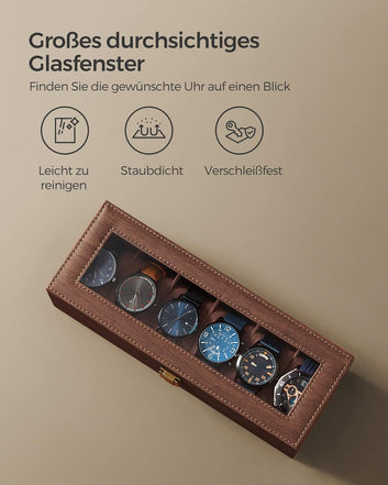 Watch Box for 6 Watches, Watch Box with Glass Lid, Velvet Watch Cushion, Watch Case with Lock
