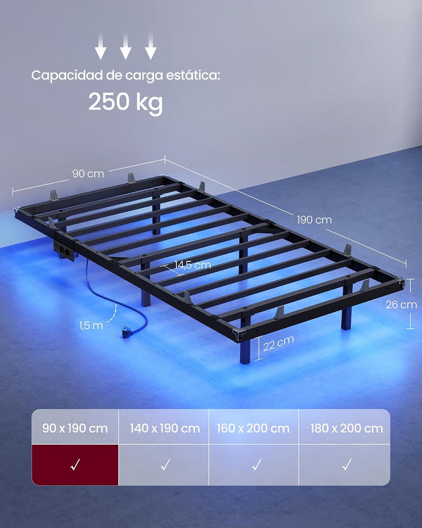 Single Bed Frame (90x190cm) LED Lighting & Electrical Outlets