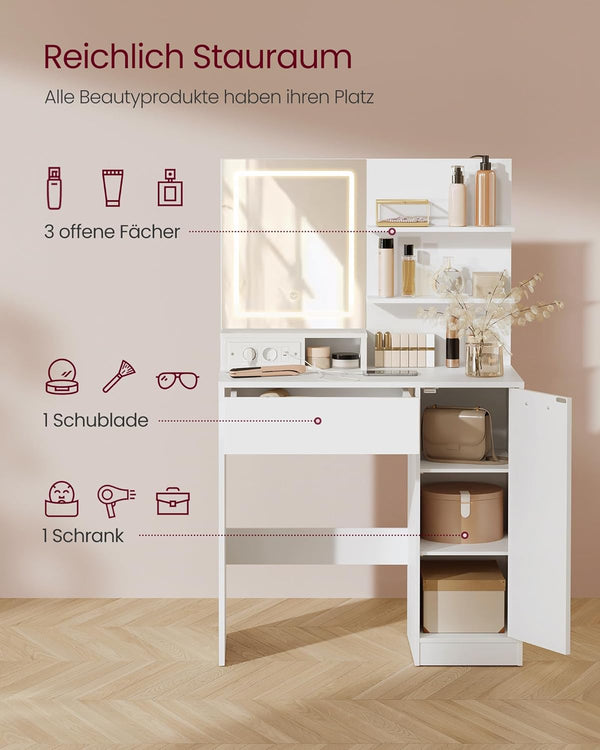 Dressing Table with LED Mirror, Drawer & Adjustable Shelves
