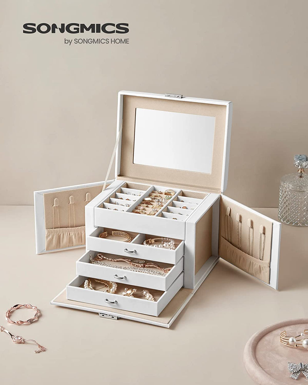 4-Level Jewellery Box with Mirror, Lock & 3 Drawers - Karrari