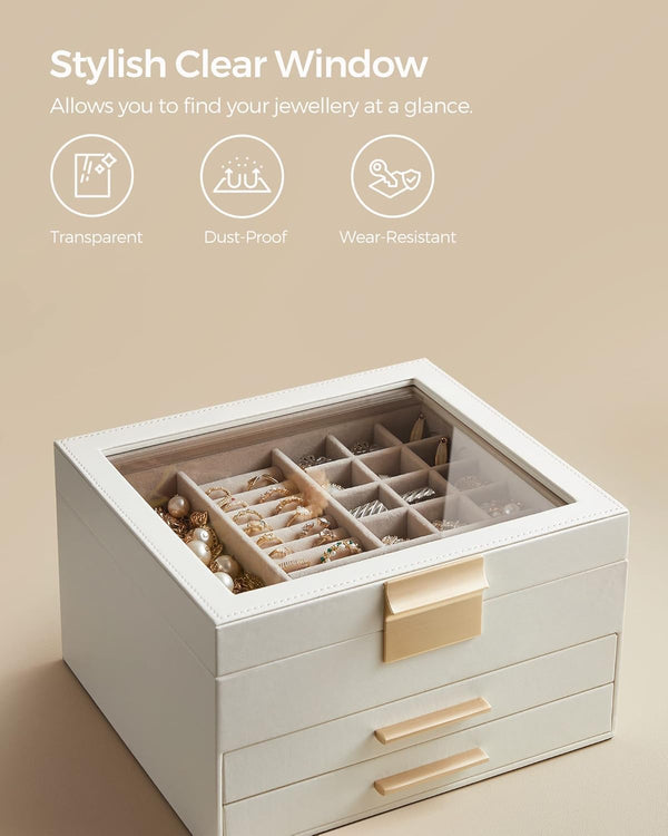 3-Layer Jewellery Box with Glass Lid & 2 Drawers
