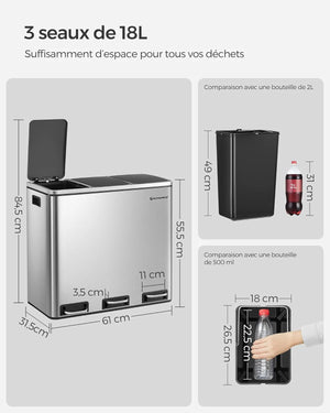Triple Kitchen Trash Can 3×18 Litres