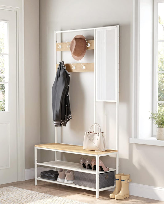 Coat Rack with Hooks Mirror Bench 35 x 98 x 180 cm for Entrance Bedroom Living Room Modern Oak White