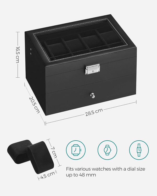 2-Tier Lockable Watch Box with Glass Lid & Drawer - Karrari