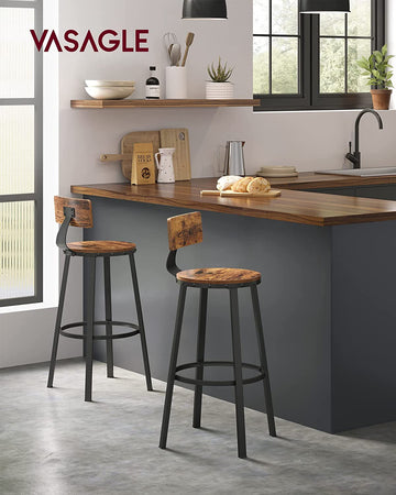Bar Stools, Kitchen Stools, Set of 2 Tall Bar Chairs with Backrest, Steel Frame, 73 cm High Seat