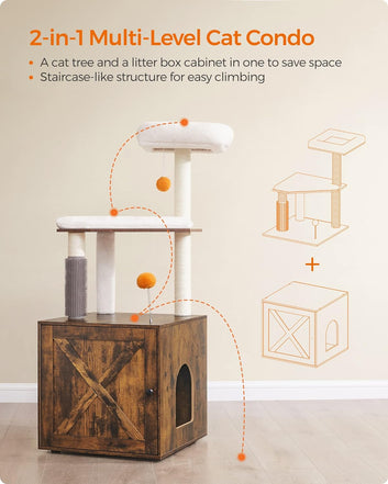 Cat Tree with Litter Box Enclosure, 2-in-1 Modern Cat Tower, 128.4 cm Cat Condo with Self Groomer