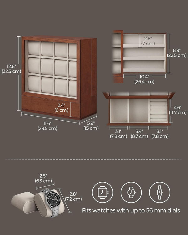 12-Slot Wooden Watch Box with Window - Vertical Storage - Karrari