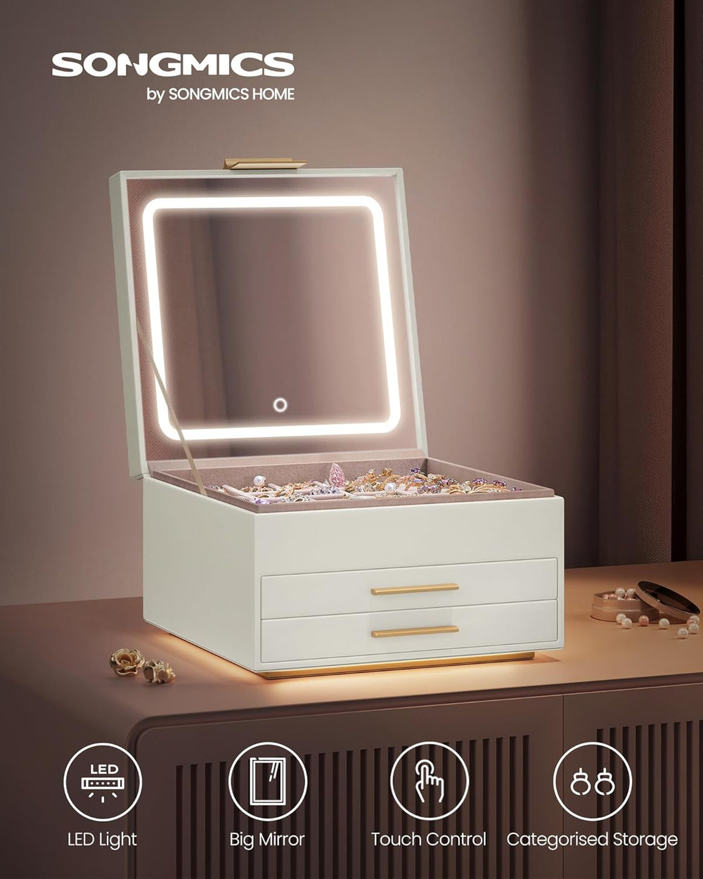 3-Layer Jewellery Box with Mirror & LED Lights