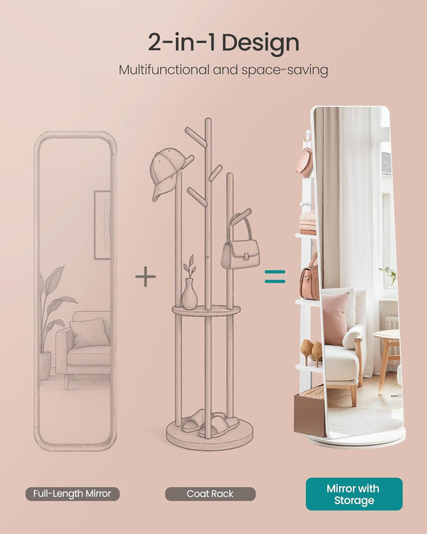 360° Rotating Full-Length Mirror with Storage (163×45cm) - Karrari