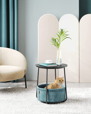 Side Table, Round Side Table with Fabric Basket
