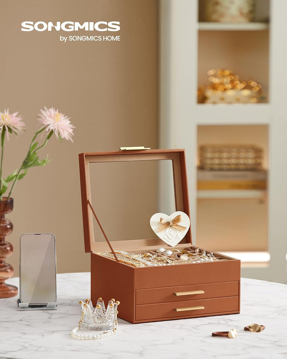 3-Layer Jewellery Box with Glass Lid & 2 Drawers