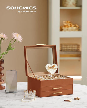 3-Layer Jewellery Box with Glass Lid & 2 Drawers
