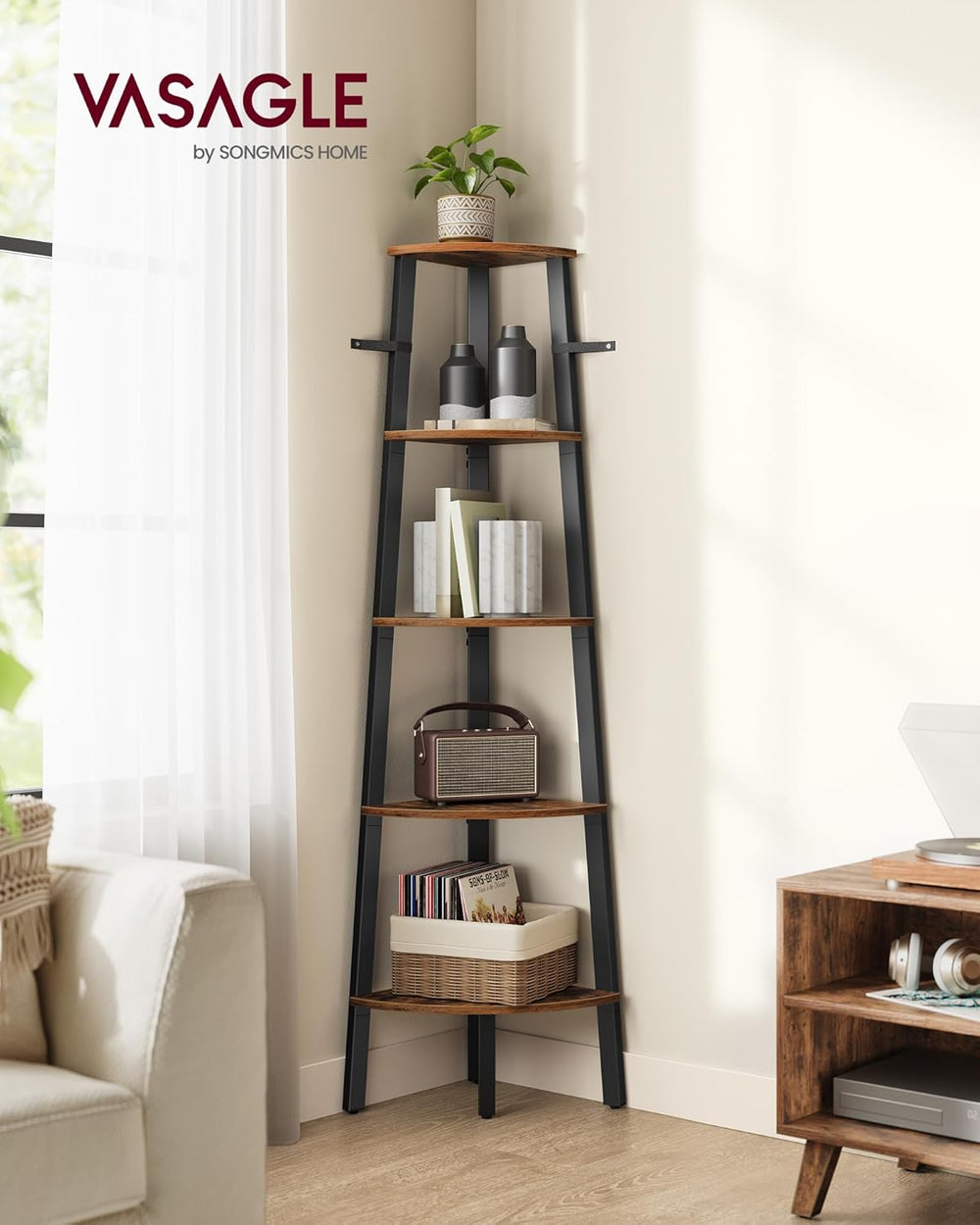 5-Tier Corner Bookcase – Industrial Steel Frame - Karrari