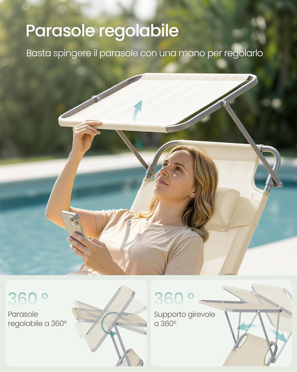 Sun Lounger with Adjustable Backrest & Sun Shade (Set of 2)