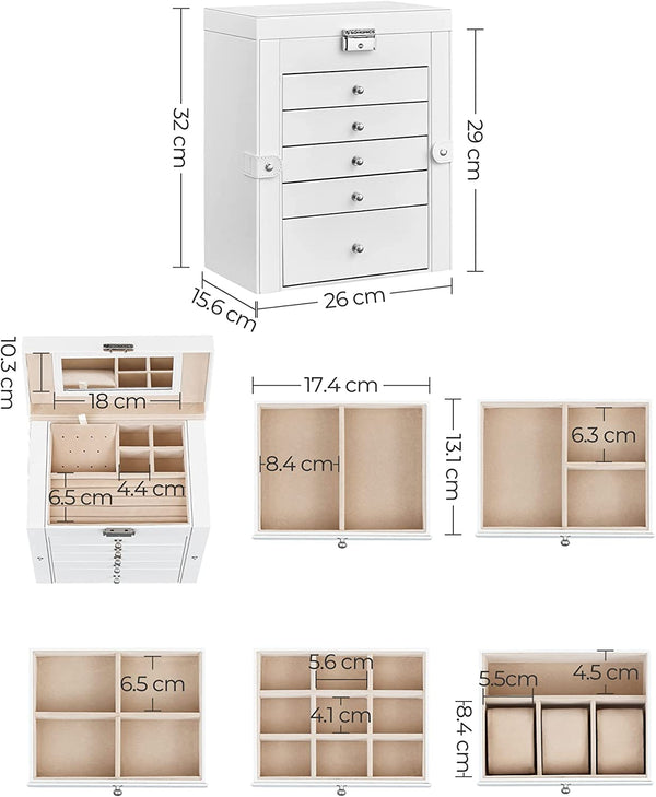 6-Tier Lockable Jewellery Box with Mirror & 5 Drawers - Karrari
