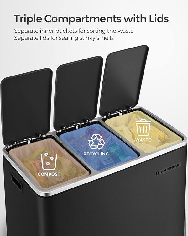 3-in-1 Steel Kitchen Recycling Bin (3×18L) - Karrari