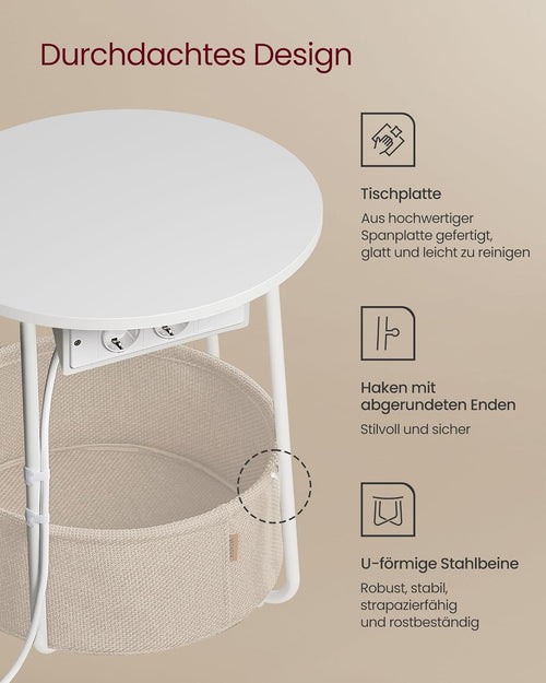 Round Side Table with Charging Station & Basket