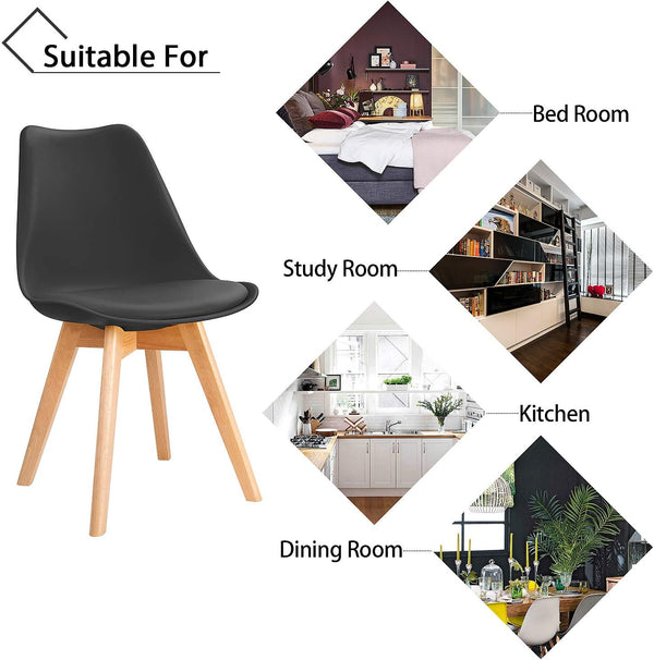 Dining Chairs Mid Century Modern DSW Chair Upholstered Side Kitchen Chairs with Wood Leg and Soft Padded Cushion for Kitchen, Dining, Bedroom, Living Room Set of 4 (Black) - Karrari