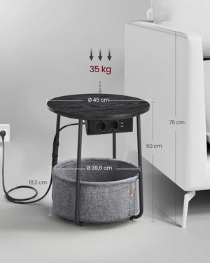 Round Side Table with Charging Station & Basket
