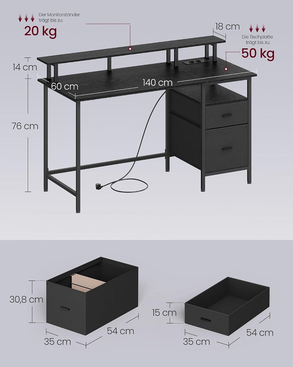 Gaming Desk with Fabric Drawers, Screen Mount with Socket - Karrari