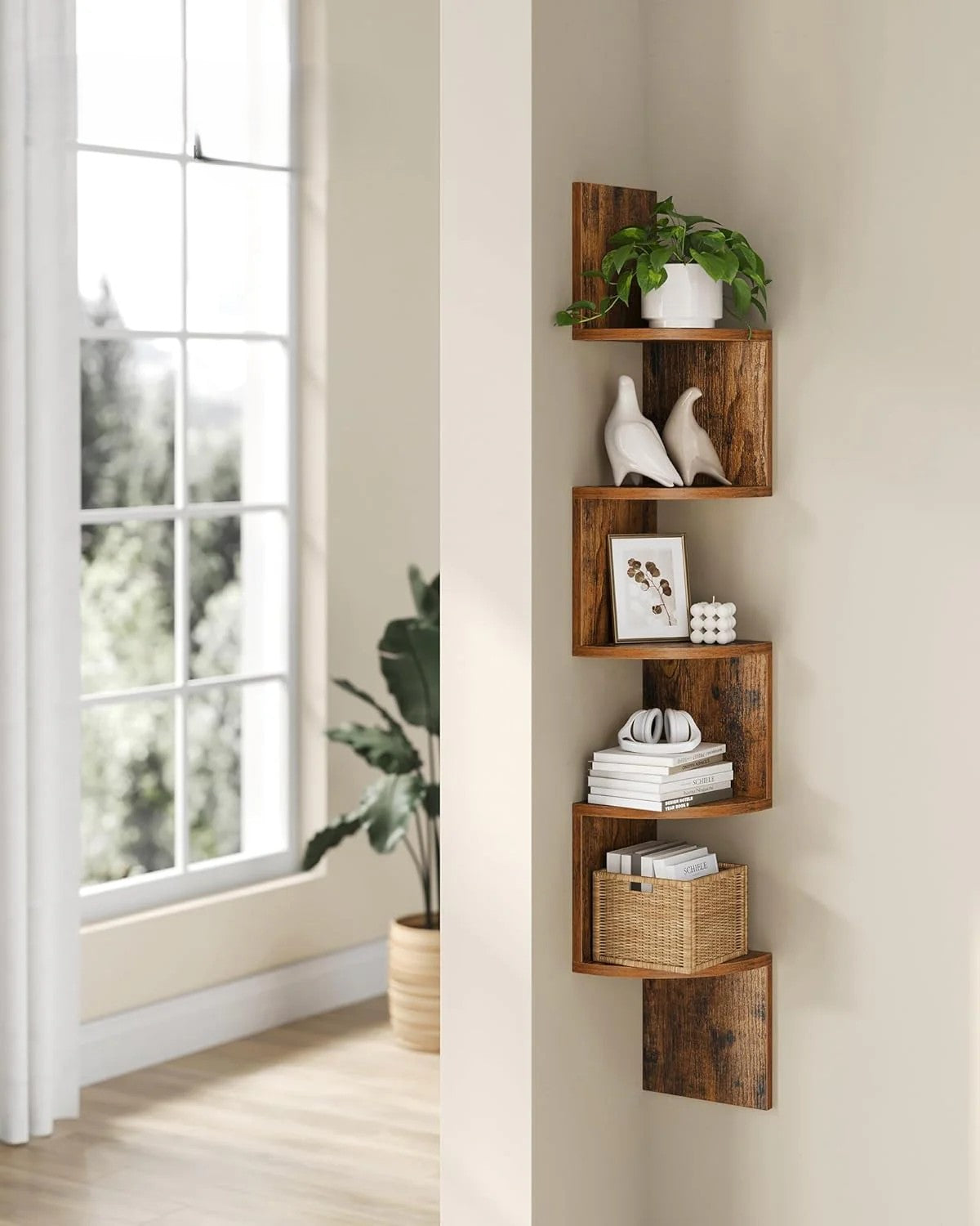 VASAGLE Corner Shelf, Wall Shelf, 5 Tiers, Zigzag Floating Shelf, Bookcase for Kitchen, Bedroom, Living Room, Office, Rustic Brown