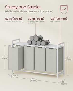 Laundry Hamper - 4 Sections, Shelf & Removable Bags