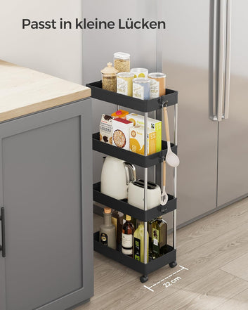 Rolling Cart Kitchen Trolley with 4 Tiers, Kitchen Shelf, Recess Shelf with 6 Hooks