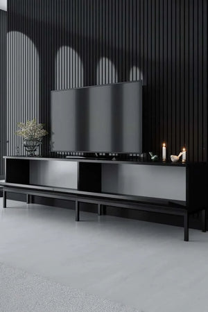 Ultra-Slim TV Unit– Matte Black Melamine & Industrial Steel - Karrari