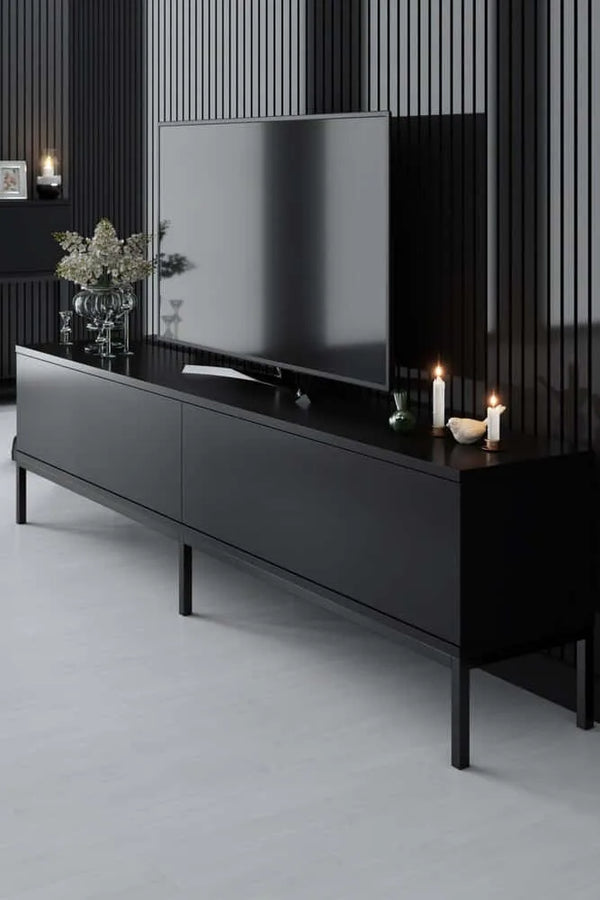 Ultra-Slim TV Unit– Matte Black Melamine & Industrial Steel - Karrari