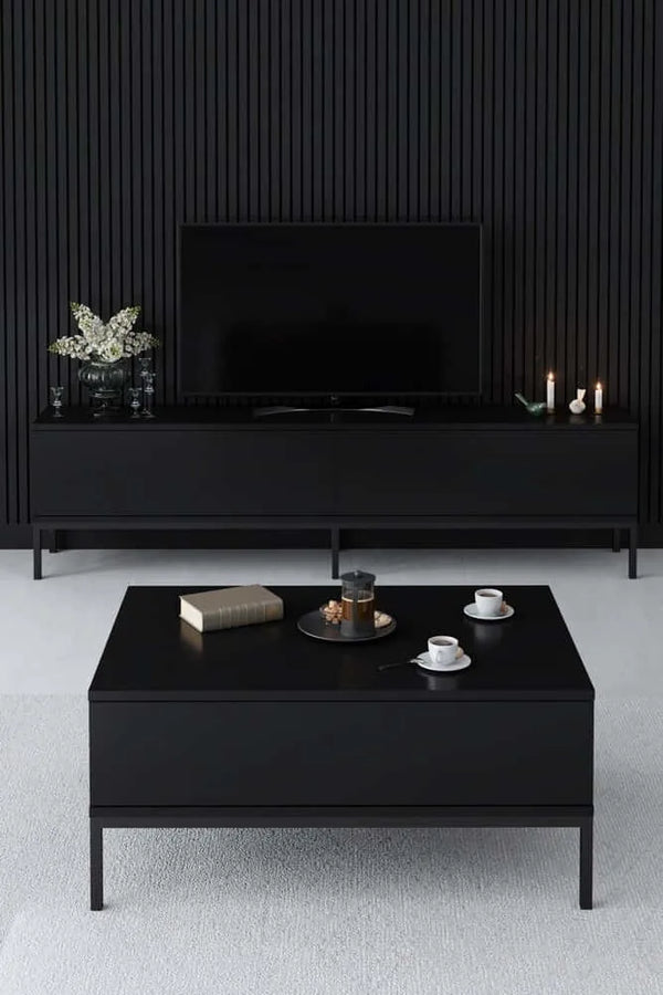 Ultra-Slim TV Unit– Matte Black Melamine & Industrial Steel - Karrari