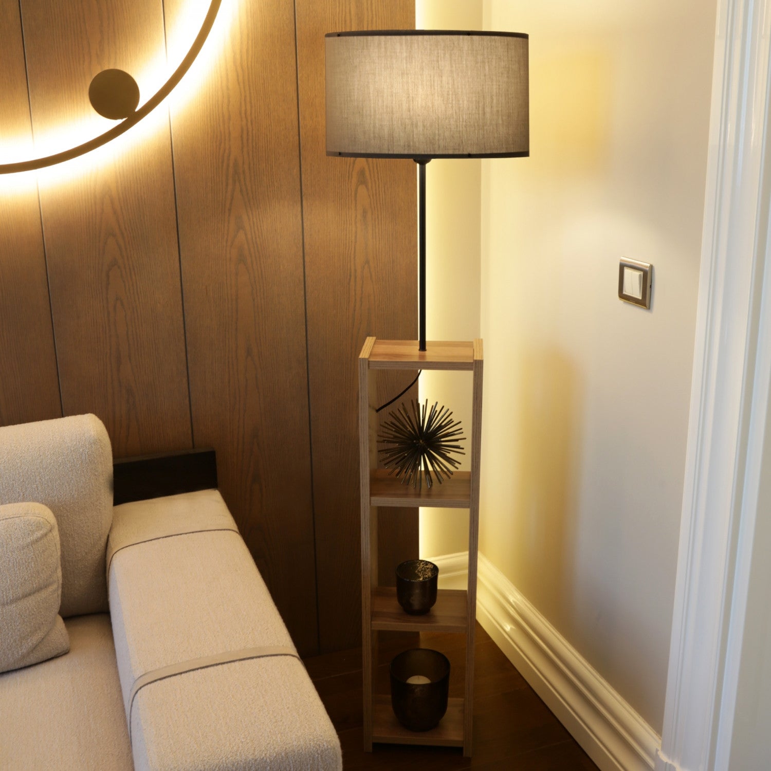 Wooden Floor Lamp with Shelves and Fabric Shade (150cm)