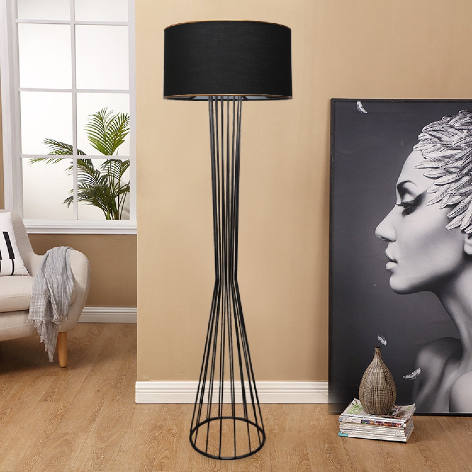 Modern Black Metal Floor Lamp with Fabric Shade (155cm)