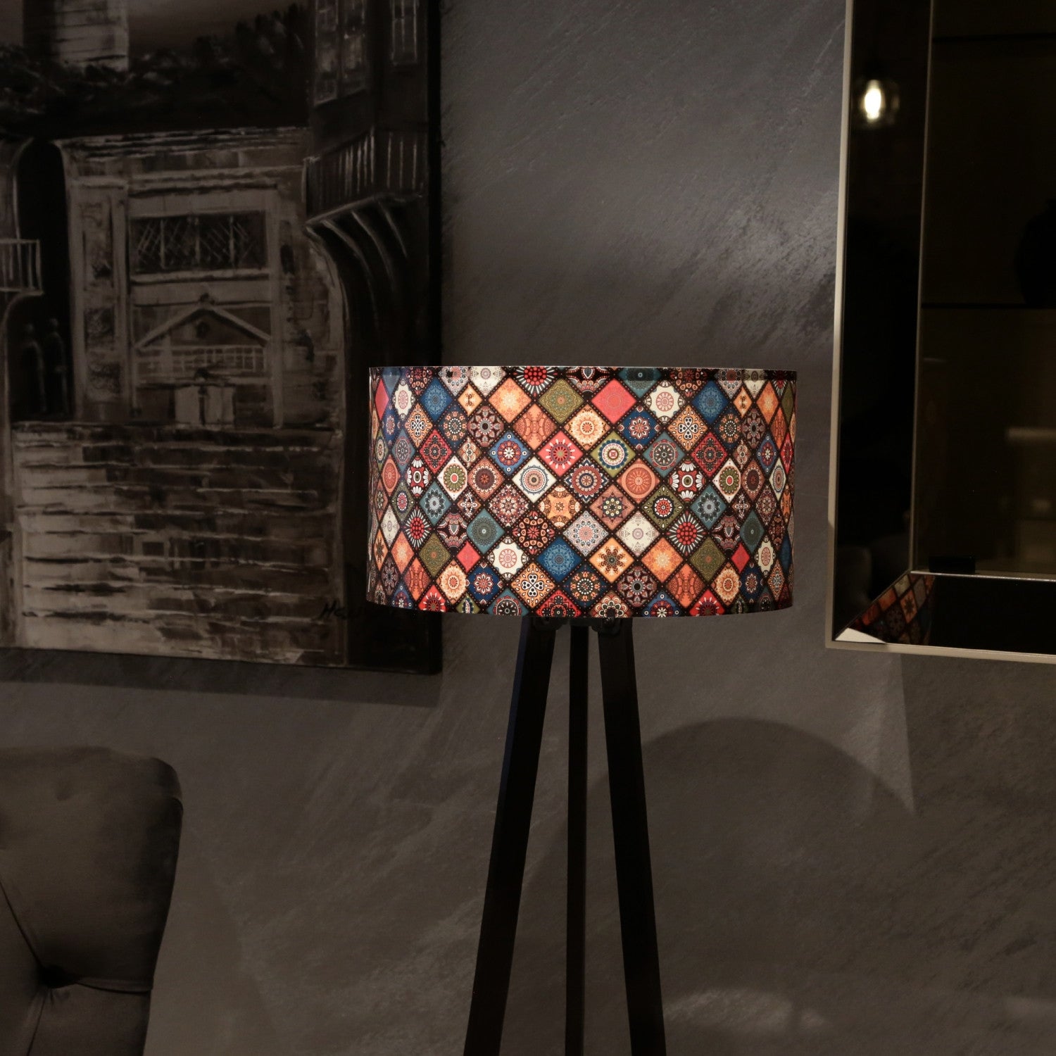 Boho Pattern Lampshade Tripod Floor Lamp (140cm)