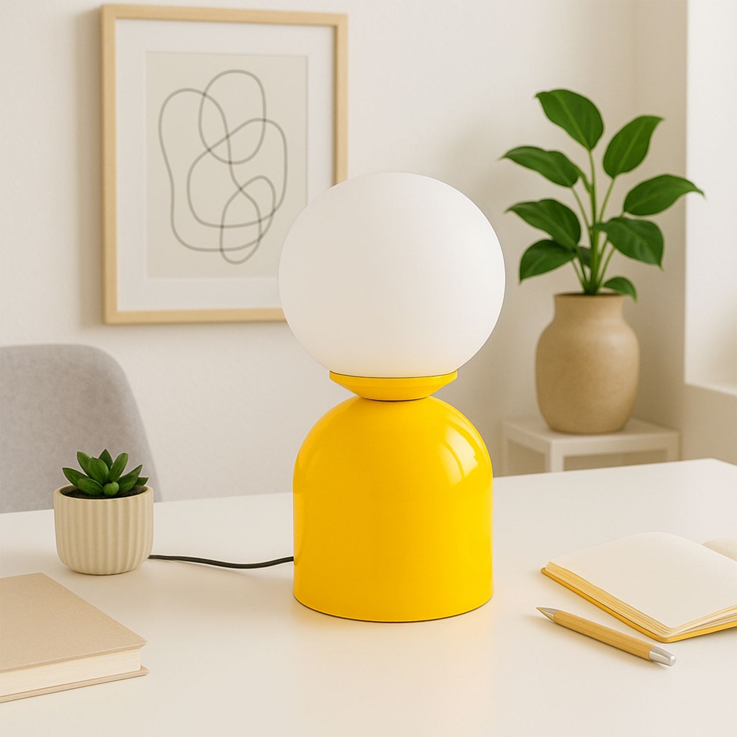 Globe Table Lamp with Glass Shade and Metal Base – Mustard Yellow (28cm)